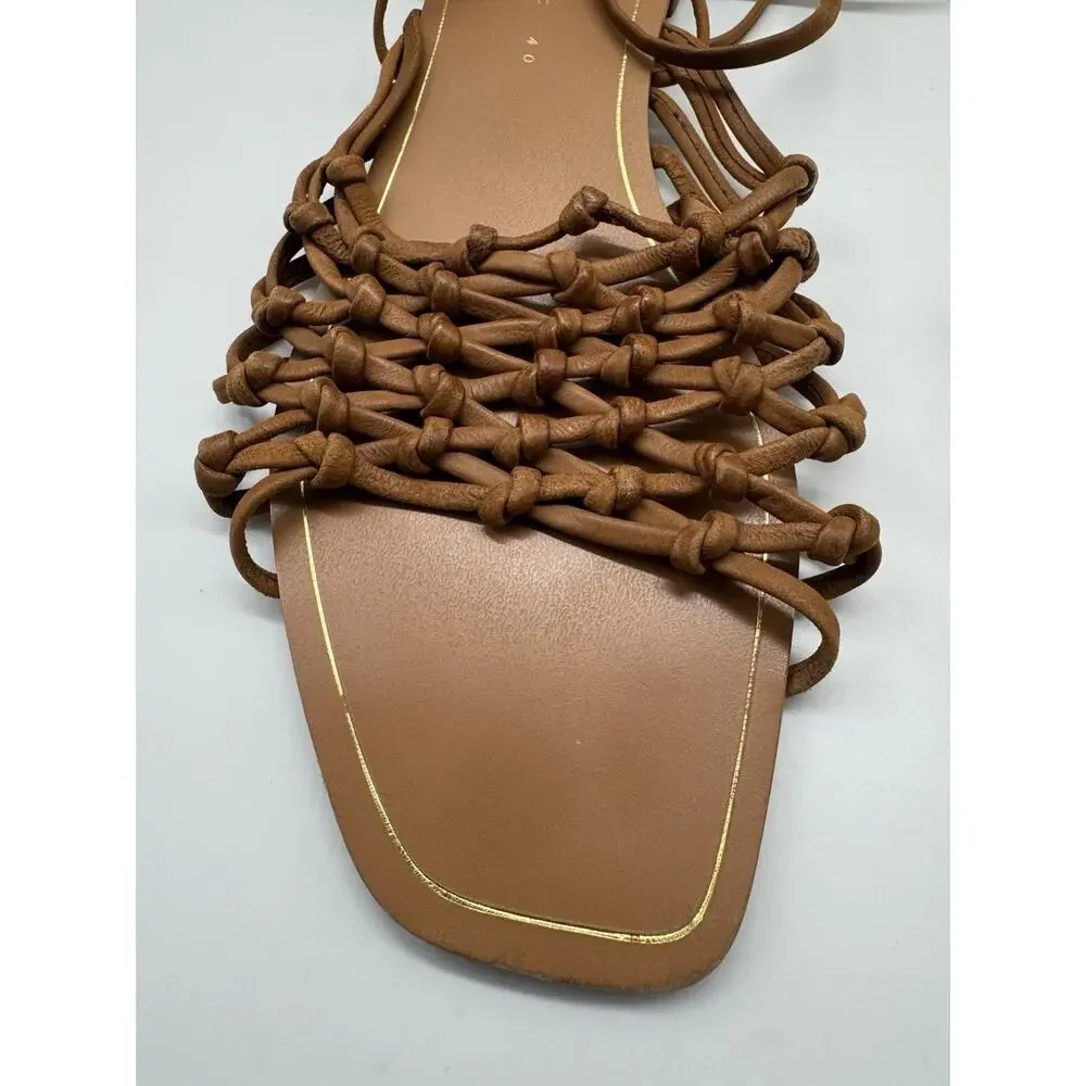 Zara Trafaluc Brown Braided Ankle Wrap Flats US Size 9 Euro 40 - Picture 6 of 8